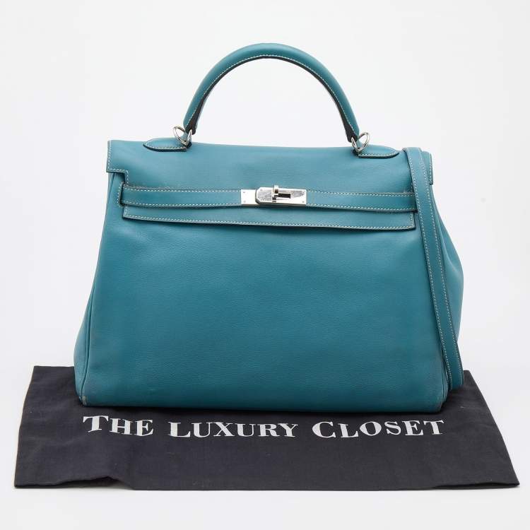 Pre Owned Hermes Bleu Jean Swift Leather Palladium Finish Kelly 35 Bag