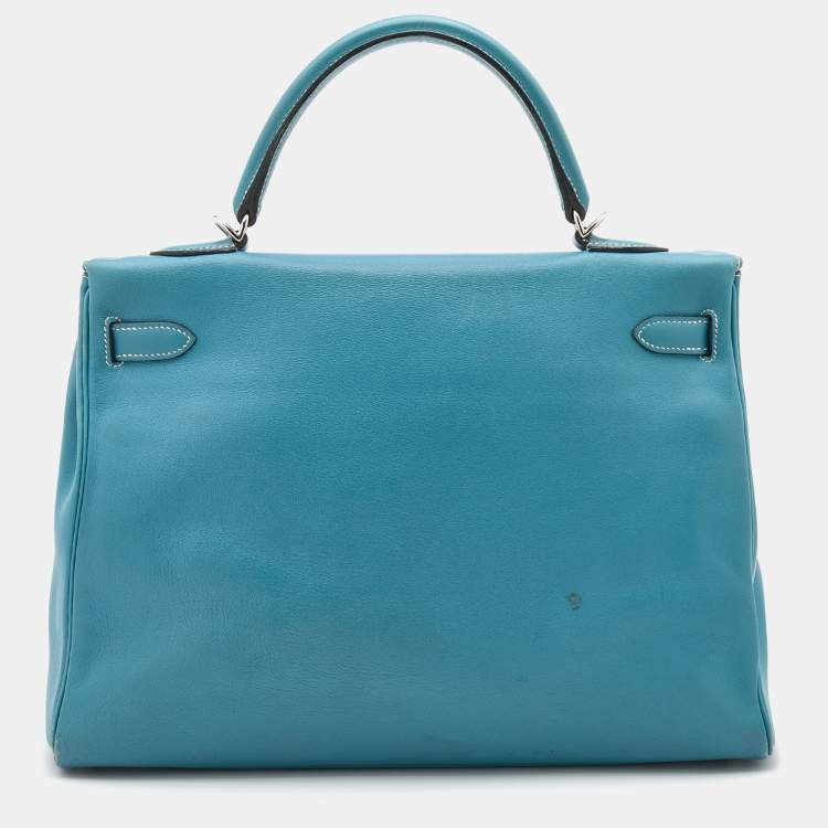 Pre Owned Hermes Bleu Jean Swift Leather Palladium Finish Kelly 35 Bag