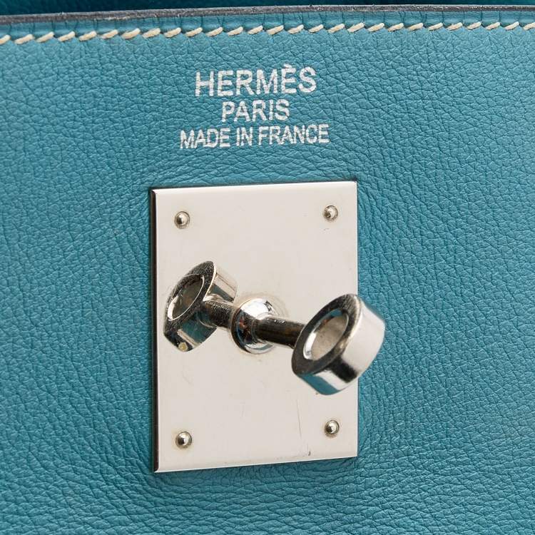 Pre Owned Hermes Bleu Jean Swift Leather Palladium Finish Kelly 35 Bag