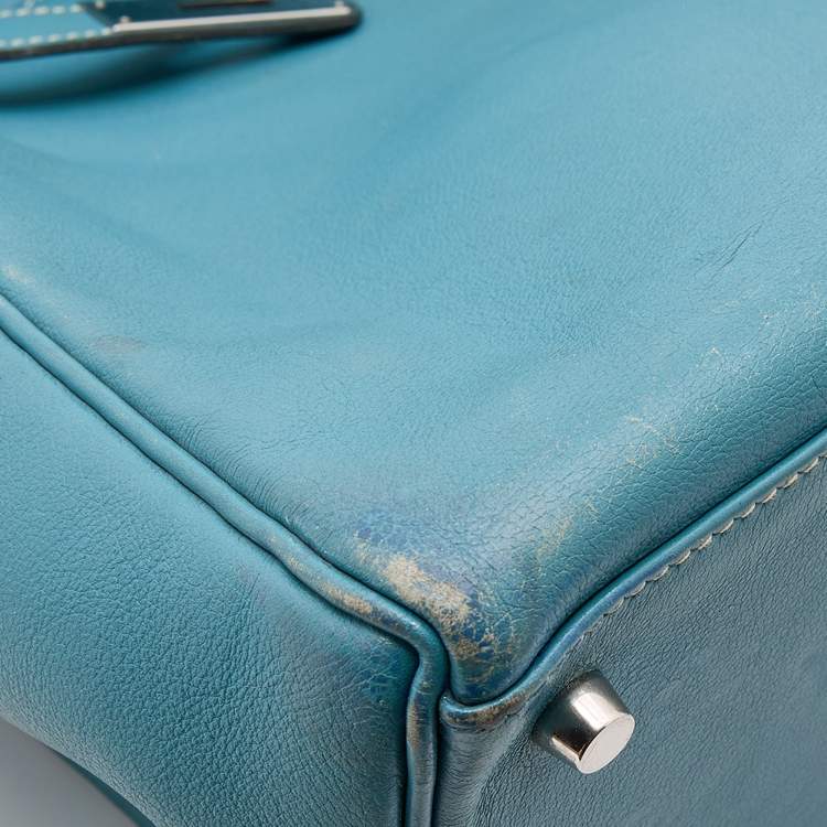 Pre Owned Hermes Bleu Jean Swift Leather Palladium Finish Kelly 35 Bag