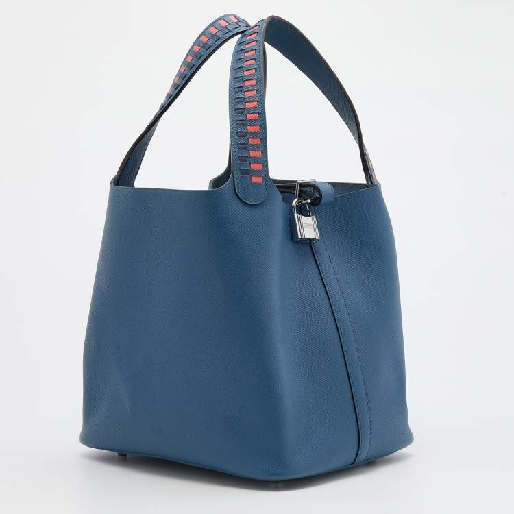 Pre Owned Hermes Bleu Brighton/Capucine/Bleu Saphir Epsom Leather Picotin Lock Tressage MM Bag