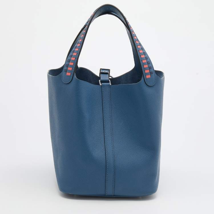 Pre Owned Hermes Bleu Brighton/Capucine/Bleu Saphir Epsom Leather Picotin Lock Tressage MM Bag
