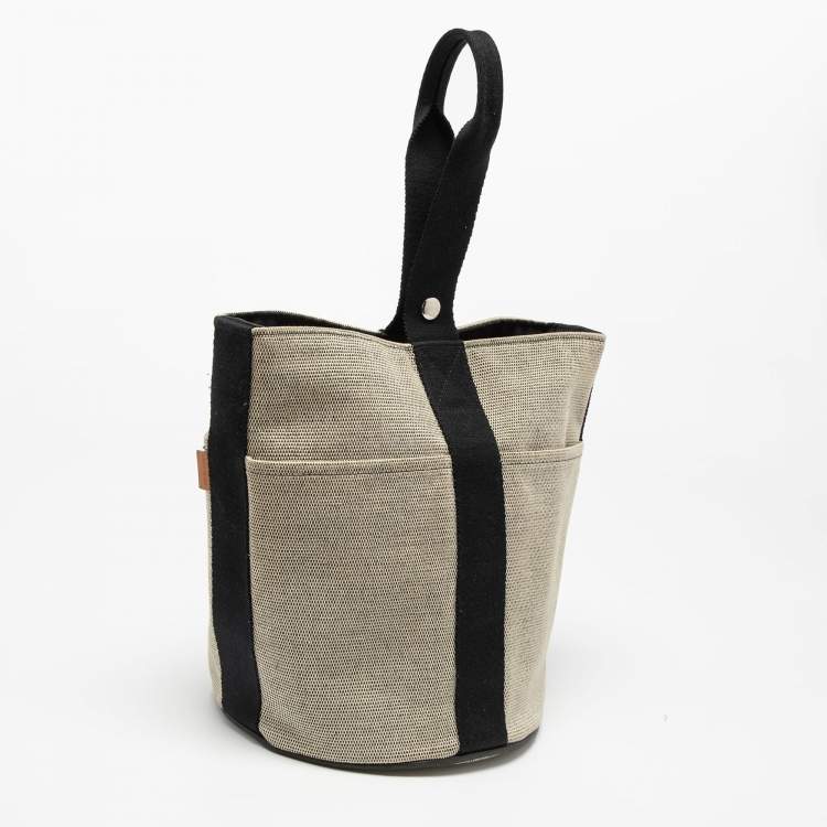 Pre Owned Hermes Beige/Black Canvas Saxo MM Bucket Bag