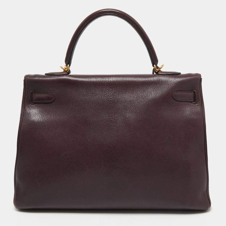 Pre Owned Hermès  Prune Chevre De Coromandel Leather Gold Finish Kelly Retourne 35 Bag
