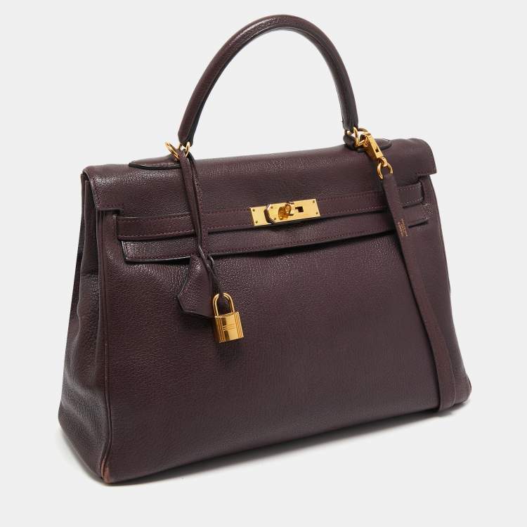 Pre Owned Hermès  Prune Chevre De Coromandel Leather Gold Finish Kelly Retourne 35 Bag