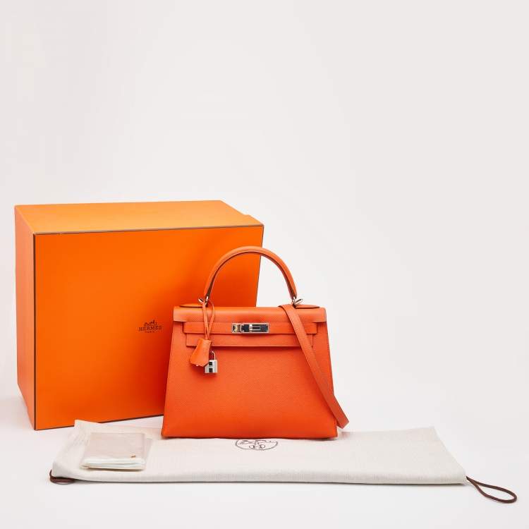 Pre Owned Hermes Feu Epsom Leather Palladium Finish Kelly Sellier 28 Bag