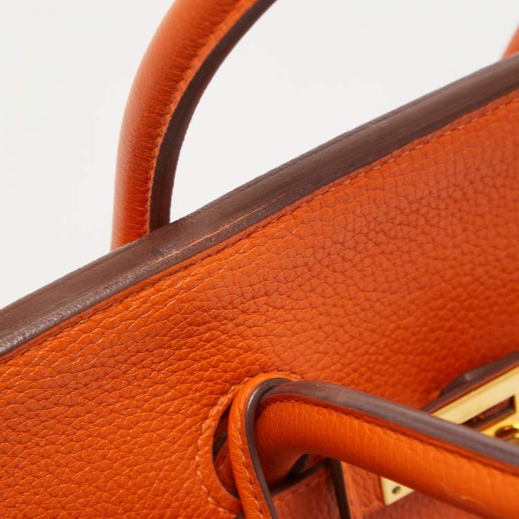 Pre Owned Hermes Orange Clemence Leather Gold Finish Birkin 35 Bag