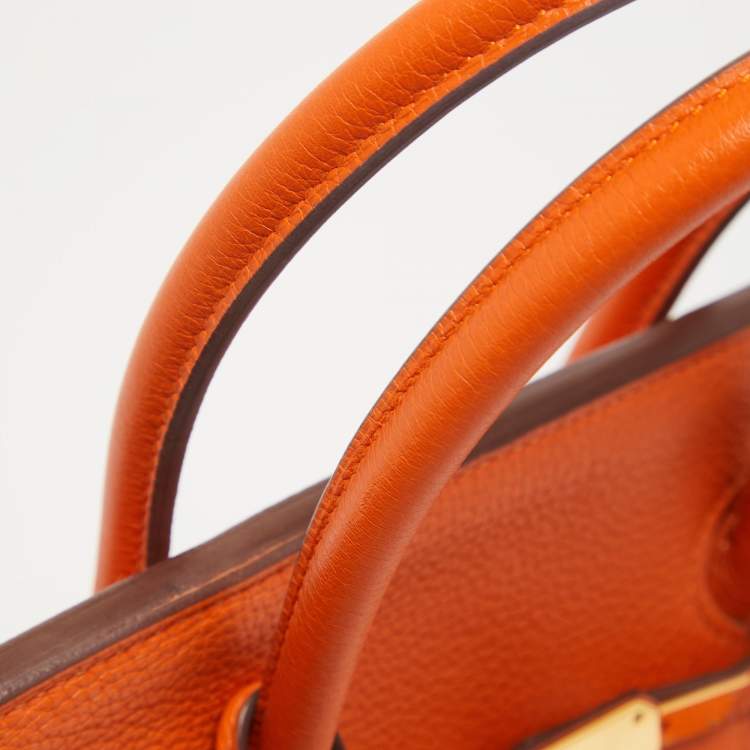 Pre Owned Hermes Orange Clemence Leather Gold Finish Birkin 35 Bag