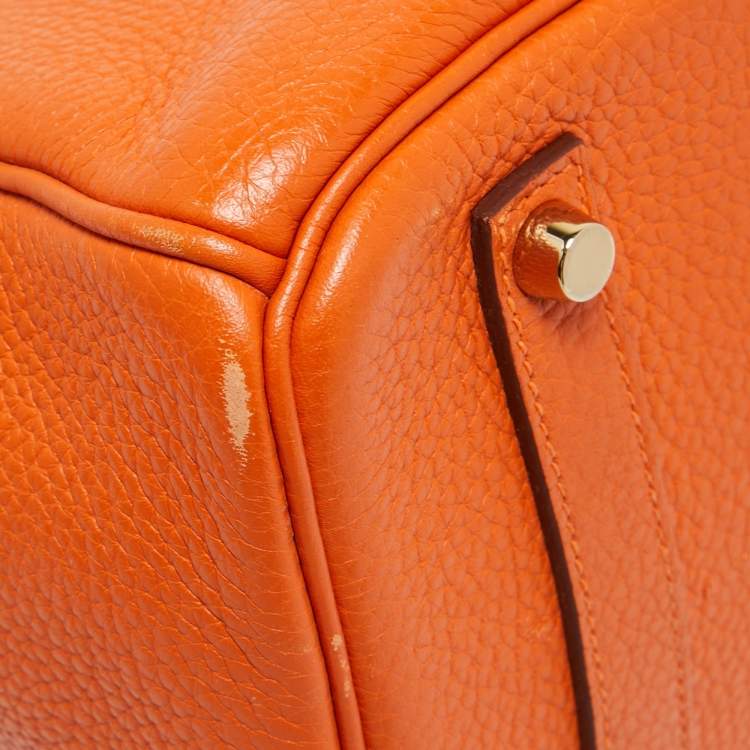 Pre Owned Hermes Orange Clemence Leather Gold Finish Birkin 35 Bag