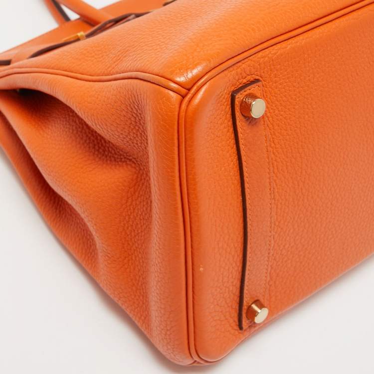 Pre Owned Hermes Orange Clemence Leather Gold Finish Birkin 35 Bag