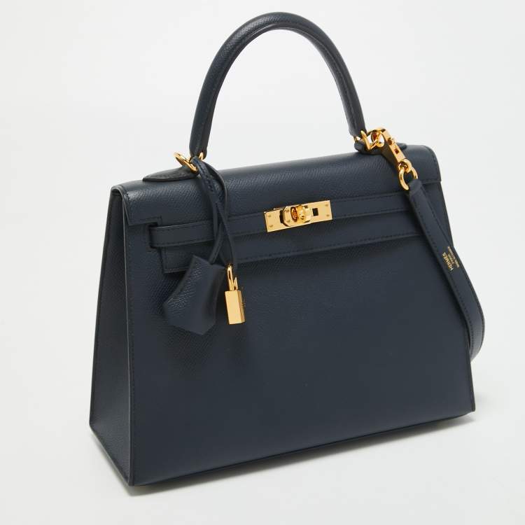 Pre Owned Hermes Blue Nuit Epsom Leather Gold Finish Kelly Sellier 25  Bag