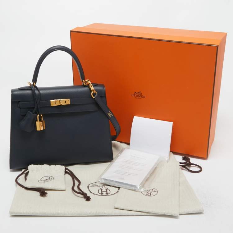 Pre Owned Hermes Blue Nuit Epsom Leather Gold Finish Kelly Sellier 25  Bag