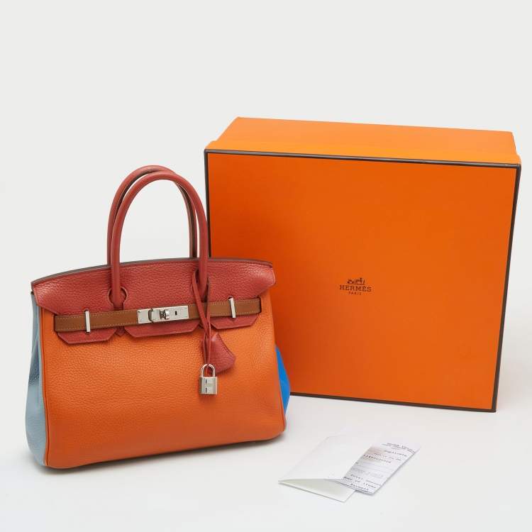 Pre Owned Hermes Orange/Etain/Sanguine Clemence Leather Palladium Finish Birkin 30 Bag