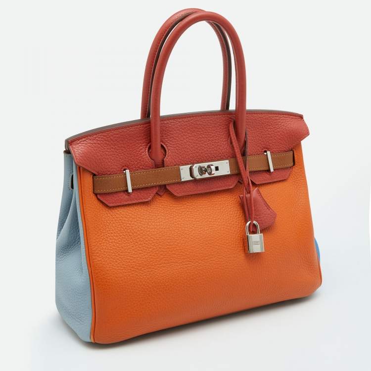Pre Owned Hermes Orange/Etain/Sanguine Clemence Leather Palladium Finish Birkin 30 Bag