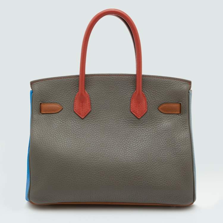 Pre Owned Hermes Orange/Etain/Sanguine Clemence Leather Palladium Finish Birkin 30 Bag