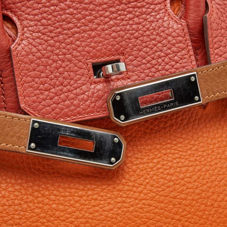 Pre Owned Hermes Orange/Etain/Sanguine Clemence Leather Palladium Finish Birkin 30 Bag