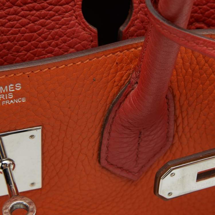 Pre Owned Hermes Orange/Etain/Sanguine Clemence Leather Palladium Finish Birkin 30 Bag