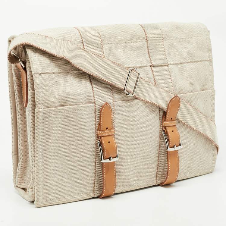 Pre Owned Hermes Beige/Natural Canvas and Leather Diaper Messenger Bag