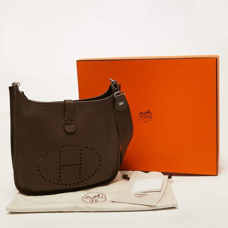 Pre Owned Hermes Chocolat Clemence Leather Evelyne III GM Bag