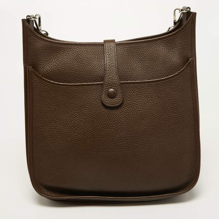 Pre Owned Hermes Chocolat Clemence Leather Evelyne III GM Bag