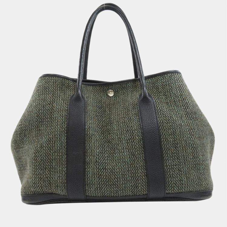Pre Owned Hermes Garden PM Green Tote Bag Tweed Ladies