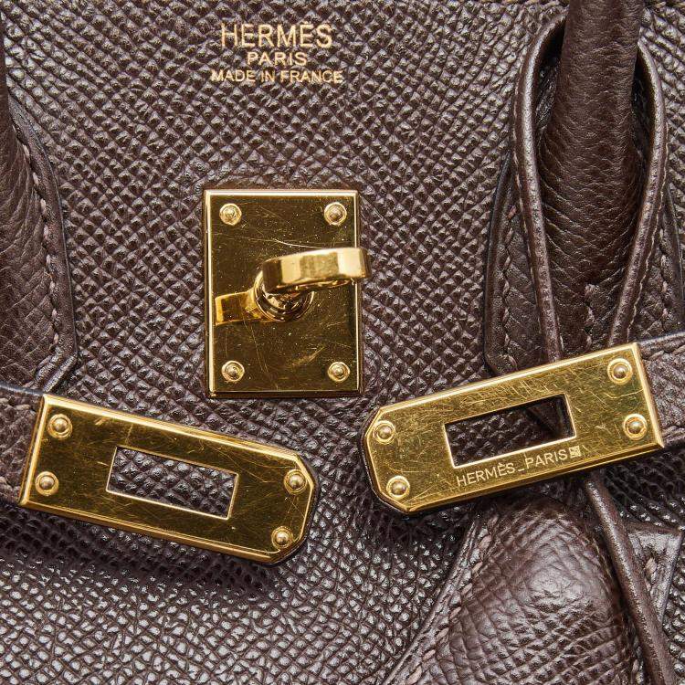 Pre Owned Hermes Chocolat Epsom Leather Gold Finish Birkin 25 Bag