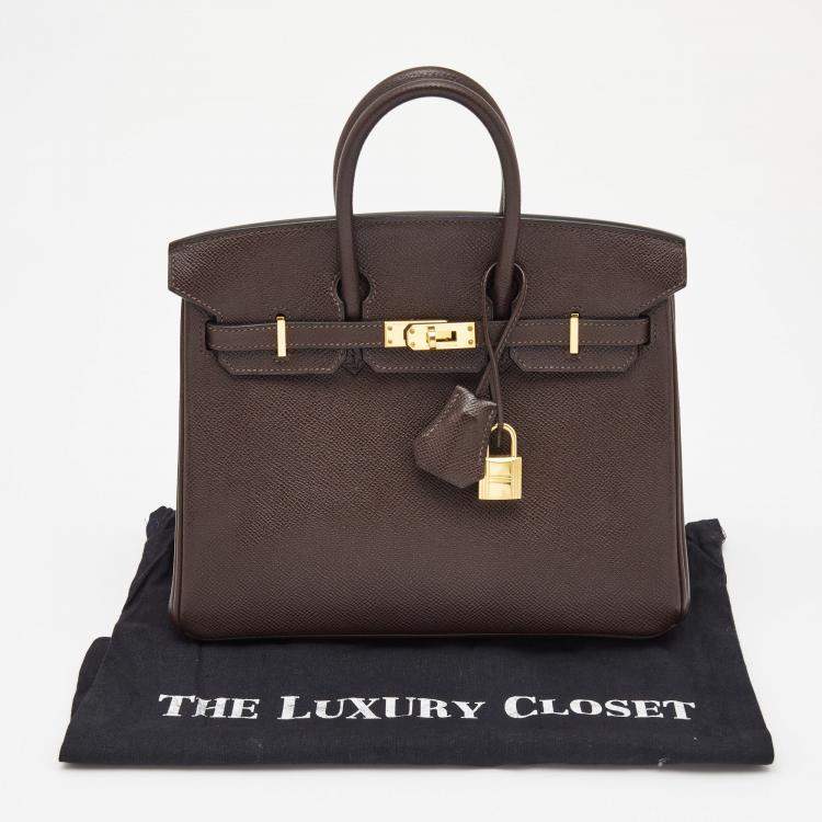 Pre Owned Hermes Chocolat Epsom Leather Gold Finish Birkin 25 Bag