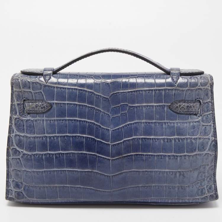 Pre Owned Hermes Blue Brighton Niloticus Crocodile Kelly Pochette