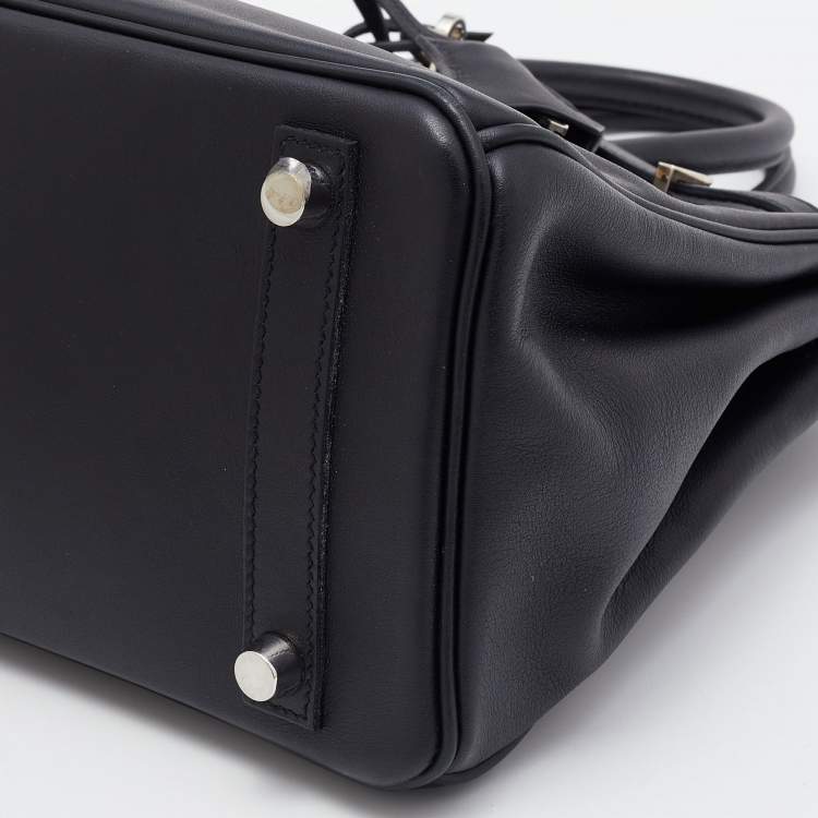 Pre Owned Hermes Black Swift Leather Palladium Finish Birkin 25 Bag 