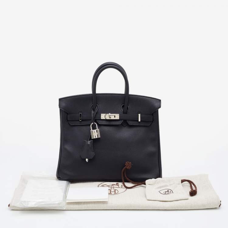 Pre Owned Hermes Black Swift Leather Palladium Finish Birkin 25 Bag 