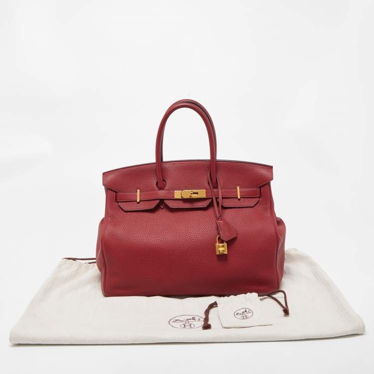Pre Owned Hermes Rouge Grenat Clemence Leather Gold Finish Birkin 35 Bag