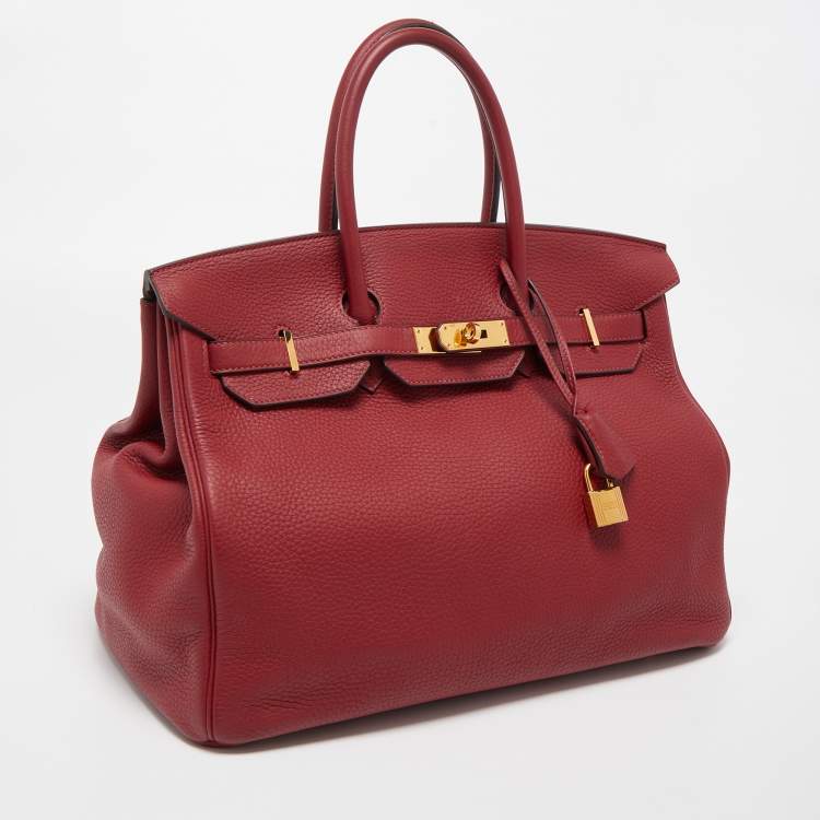 Pre Owned Hermes Rouge Grenat Clemence Leather Gold Finish Birkin 35 Bag