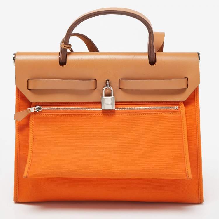 Pre Owned Hermes Natural/Orange Vache Hunter and Canvas Herbag Zip 31 Bag