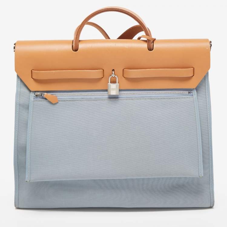 Pre Owned Hermes Natural/Bleu Lin Vache Hunter and Canvas Herbag Zip 39 Bag