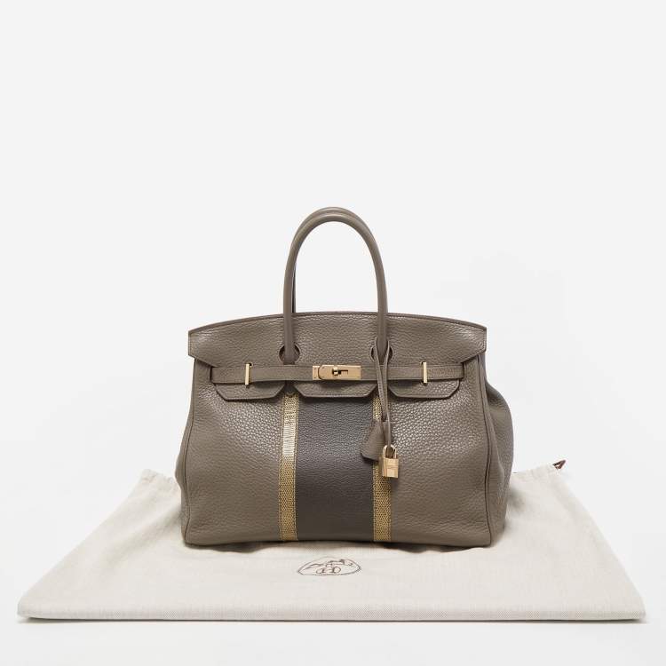 Pre Owned Hermès Etain/Graphite/Gris Fonce Clemence Leather and Lizard Permabrass Finish Birkin 35 Bag