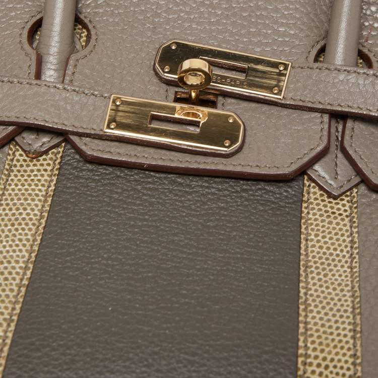 Pre Owned Hermès Etain/Graphite/Gris Fonce Clemence Leather and Lizard Permabrass Finish Birkin 35 Bag