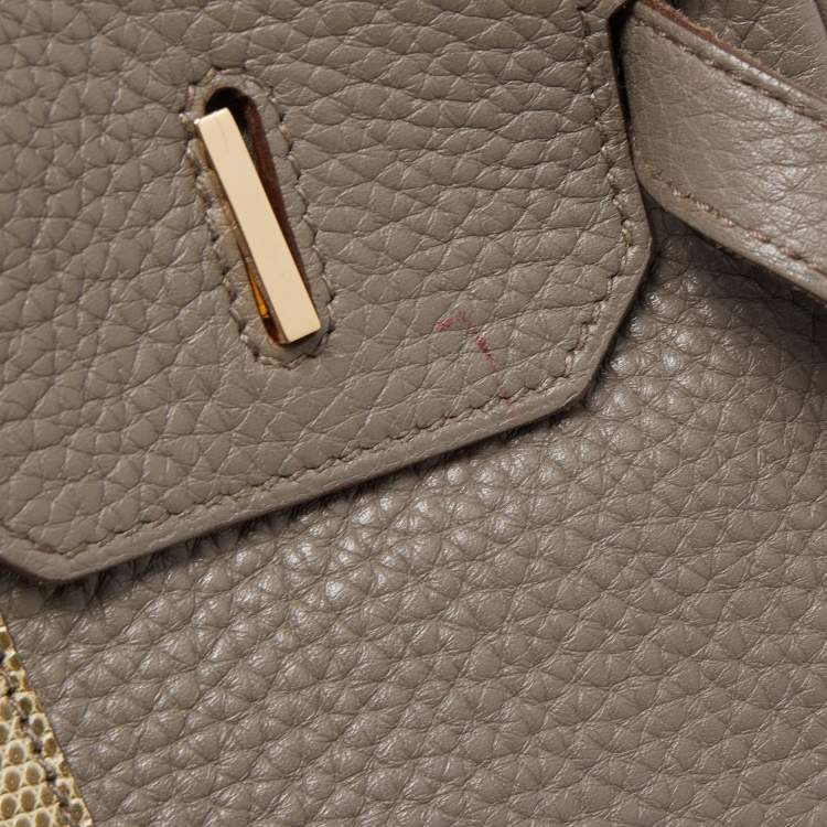 Pre Owned Hermès Etain/Graphite/Gris Fonce Clemence Leather and Lizard Permabrass Finish Birkin 35 Bag