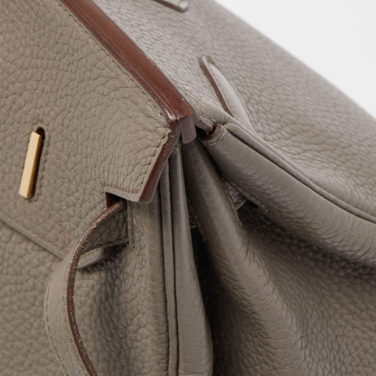 Pre Owned Hermès Etain/Graphite/Gris Fonce Clemence Leather and Lizard Permabrass Finish Birkin 35 Bag