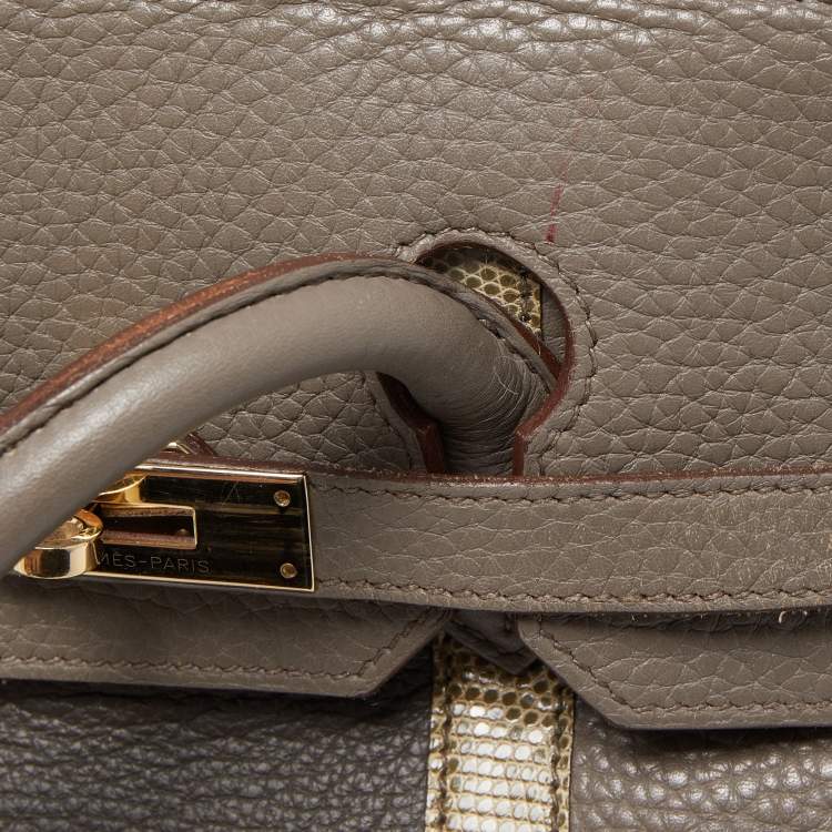 Pre Owned Hermès Etain/Graphite/Gris Fonce Clemence Leather and Lizard Permabrass Finish Birkin 35 Bag