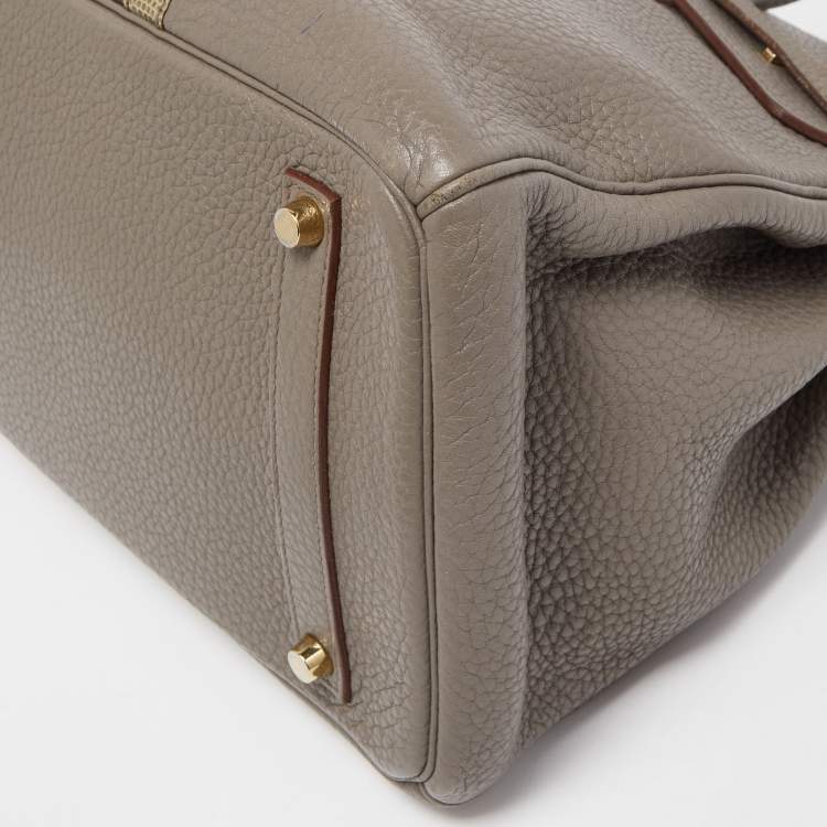 Pre Owned Hermès Etain/Graphite/Gris Fonce Clemence Leather and Lizard Permabrass Finish Birkin 35 Bag