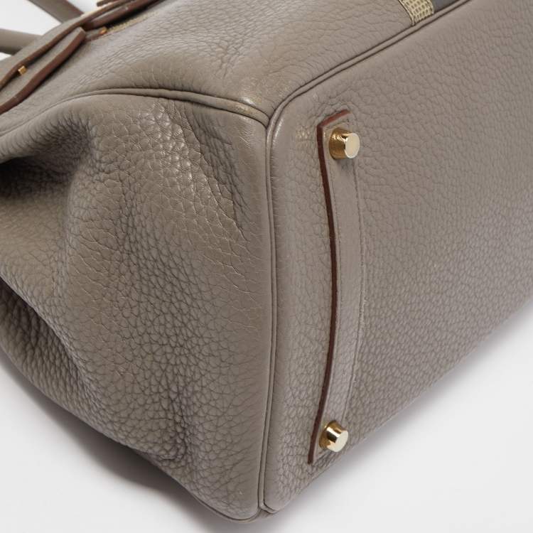 Pre Owned Hermès Etain/Graphite/Gris Fonce Clemence Leather and Lizard Permabrass Finish Birkin 35 Bag