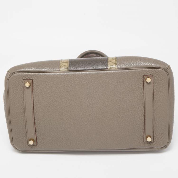 Pre Owned Hermès Etain/Graphite/Gris Fonce Clemence Leather and Lizard Permabrass Finish Birkin 35 Bag