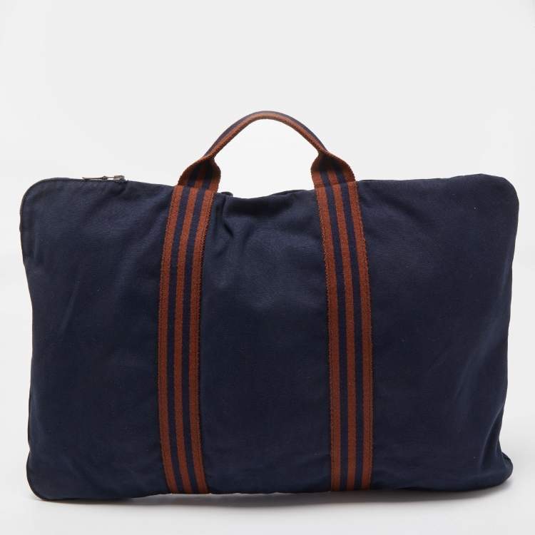 Pre Owned Hermes Navy Blue/Brown Canvas Fourre Tout Briefcase Bag