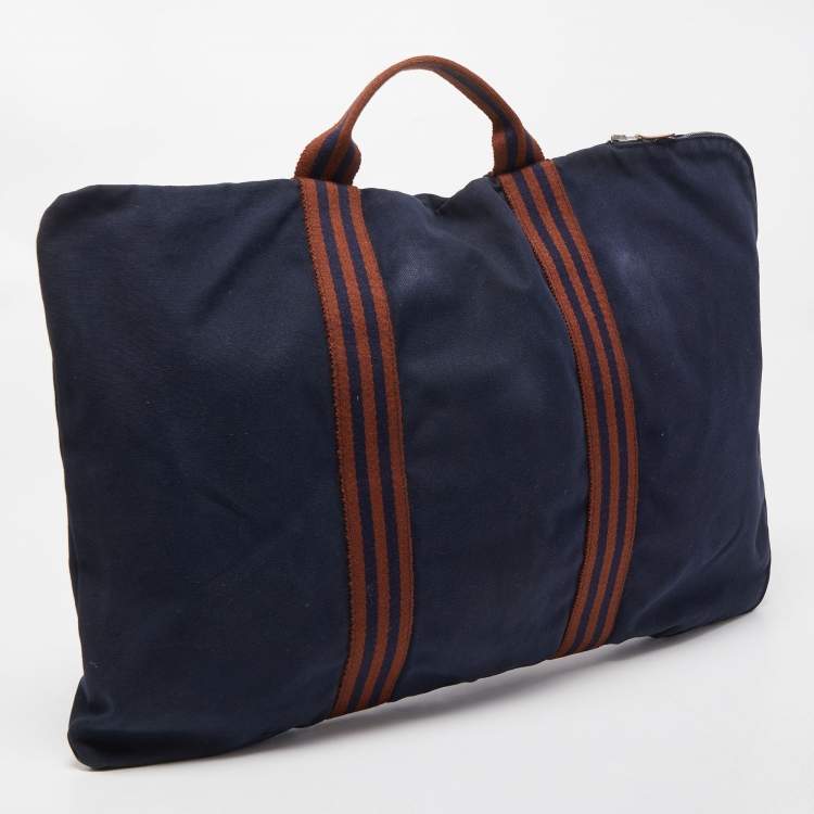 Pre Owned Hermes Navy Blue/Brown Canvas Fourre Tout Briefcase Bag