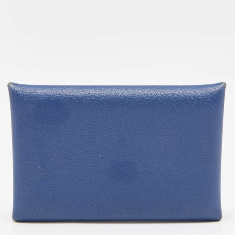 Pre Owned Hermes Deep Bleu Chevre Mysore Leather Calvi Card Holder