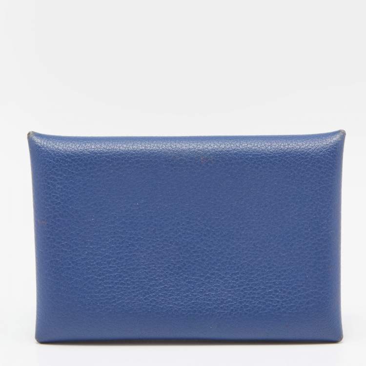 Pre Owned Hermes Deep Bleu Chevre Mysore Leather Calvi Card Holder