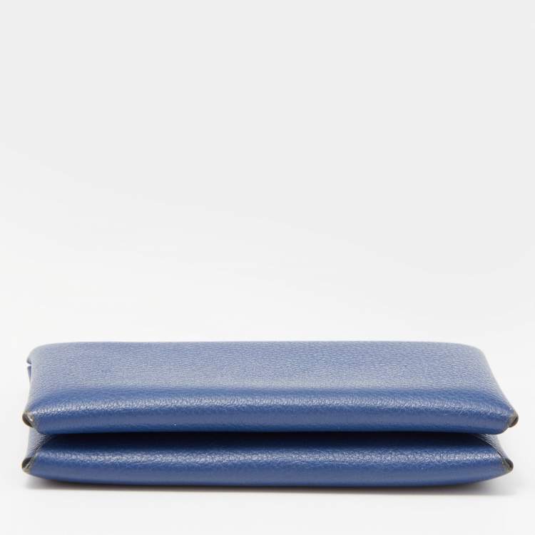Pre Owned Hermes Deep Bleu Chevre Mysore Leather Calvi Card Holder