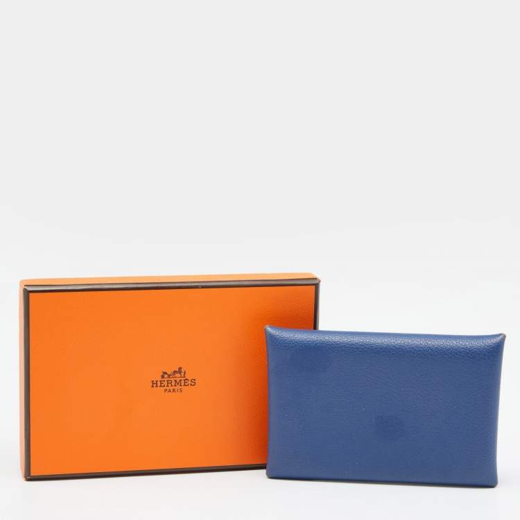 Pre Owned Hermes Deep Bleu Chevre Mysore Leather Calvi Card Holder
