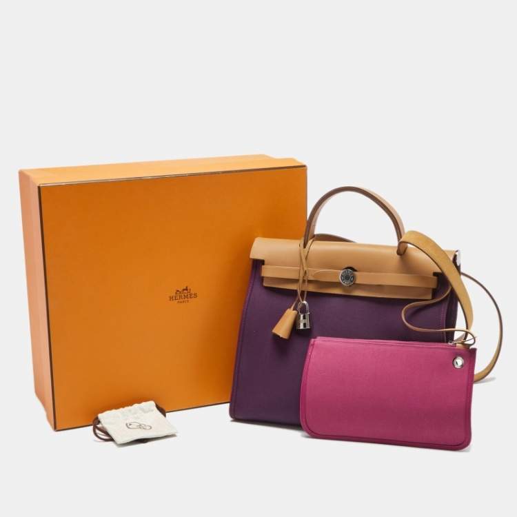 Pre Owned Hermes Natural/Violet Canvas and Leather Herbag Zip 31 Bag