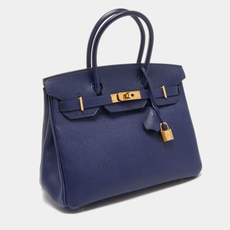 Pre Owned Hermes Blue Saphir Epsom Leather Gold Finish Birkin 30 Bag